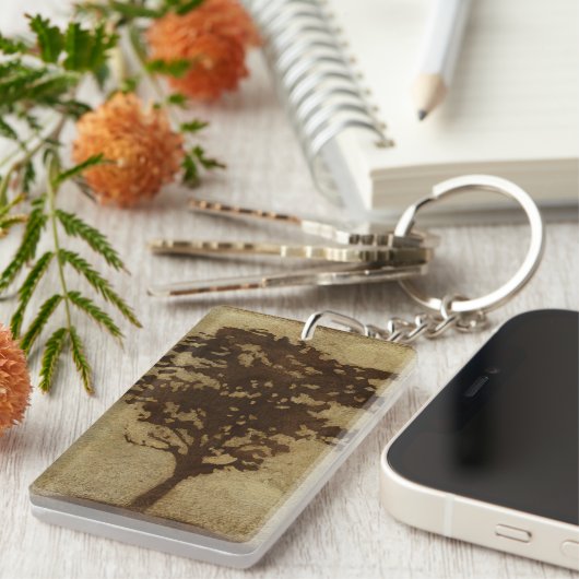 ブロンズ背景の木のシルエット キーホルダー (正面右)