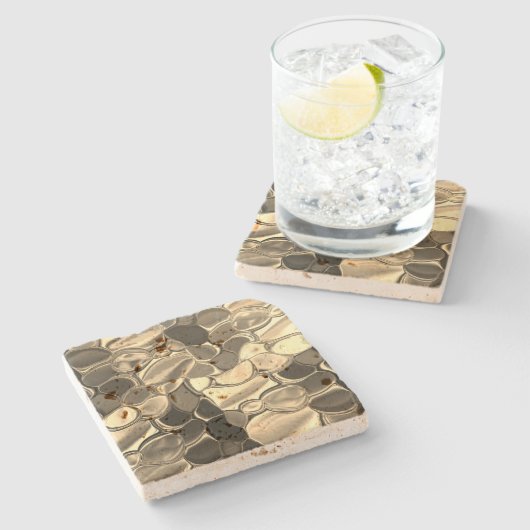 ブロンズ色またはベージュ、光沢のある丸い形状 ストーンコースター (横)