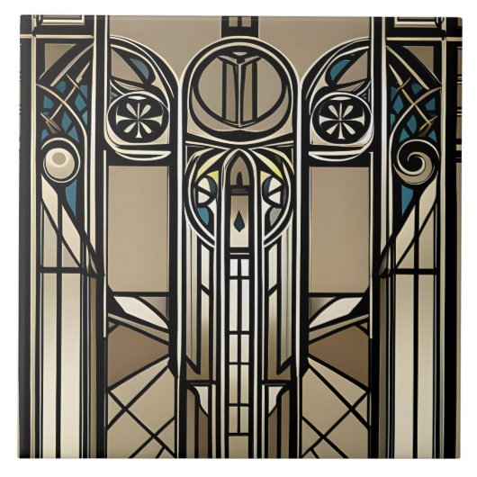 ブロンズ調とブルーアールデコ幾何学模様 タイル (正面)