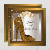 ブロンズ金ゴールドクリームハイヒールシューバースデーパーティー 招待状 (正面/裏面)