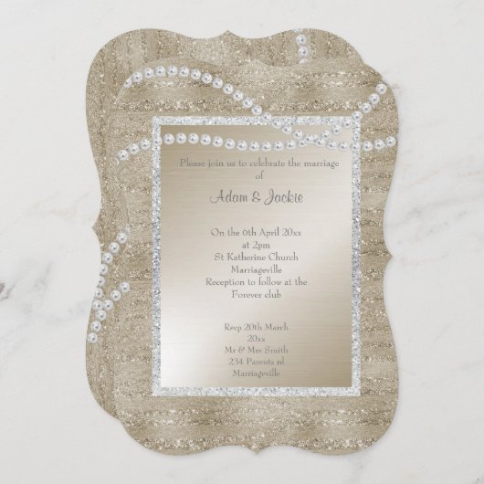 ブロンズ金ゴールドスパークルエレガントパールク結婚ラス 招待状 (正面/裏面)