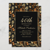 ブロンズ金ゴールド葉ブラックバースデーパーティー 招待状 (正面/裏面)