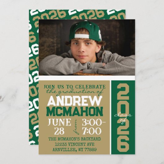 ブロンズ金ゴールド&グリーン卒業写真招待状 招待状 (正面/裏面)