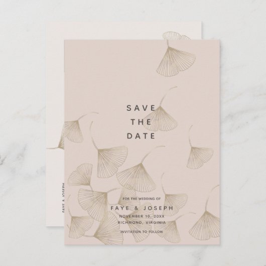 ブロンズ銀杏離れのピンクベージュSave the Date 案内ポストカード (正面/裏面)