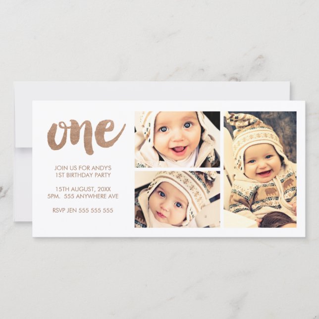 ブロンズ1ST誕生日ホワイト3フレームフォトカード (正面)