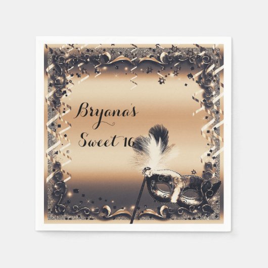 ブロンズ&クリームマスカレードマスクエレガントボールパーティー スタンダードカクテルナプキン (正面)