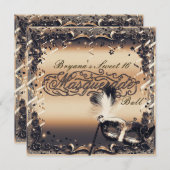 ブロンズ&クリームマスカレードマスクエレガントボールパーティー 招待状 (正面/裏面)