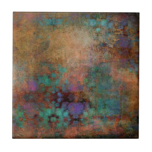 ブロンズ、ティール（緑がかった色）、紫抽象芸術 タイル (正面)