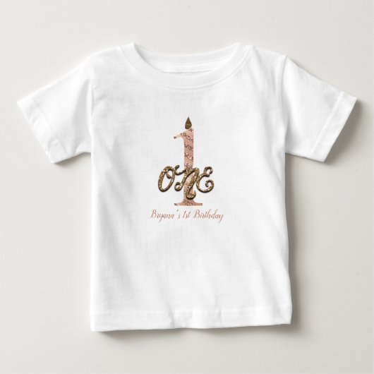ブロンズ ドット ローズゴールド ONE 1歳 誕生日 ベビーTシャツ (正面)