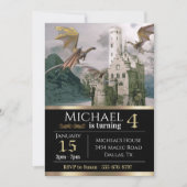 ブロンズ・ドラゴン中世キャッスルメタリック誕生日 招待状 (正面)