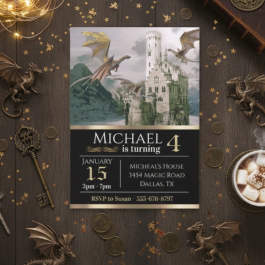 ブロンズ・ドラゴン中世キャッスルメタリック誕生日 招待状