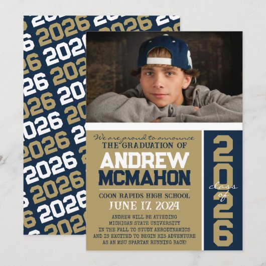 ブロンズ & ネイビー モダン卒業写真 発表 招待状 (正面/裏面)
