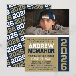 ブロンズ & ネイビー モダン卒業写真 発表 招待状