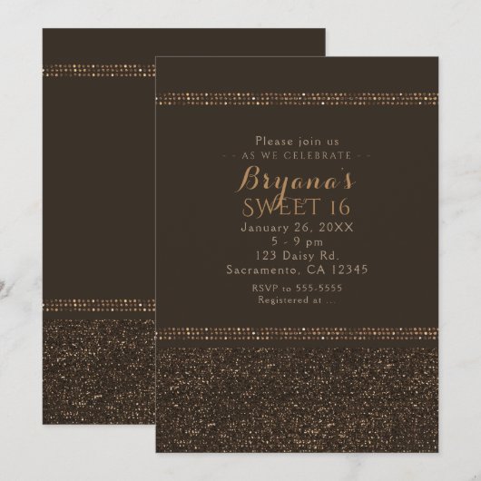 ブロンズ ブラウン シック スパークリング グラム パーティー インビテーション (正面/裏面)