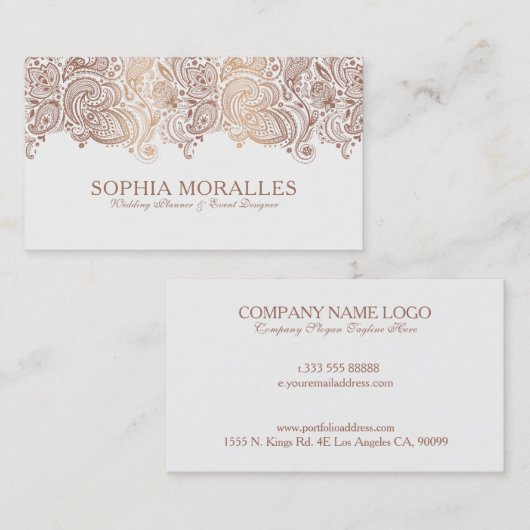 ブロンズ&ホワイトヴィンテージペイズリーレース 名刺 (正面/裏面)