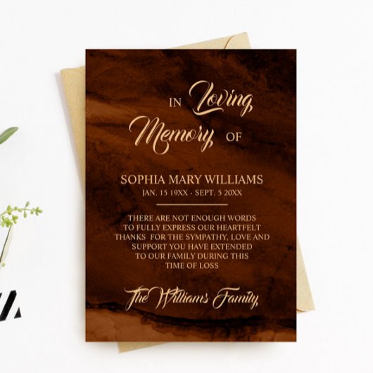 ブロンズ&金ゴールド悔やみや弔慰メモリサンキューカード サンキューカード