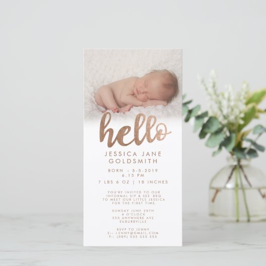 ブロンズHello Birth Announcement Sip & See 案内状 (スタンド正面)