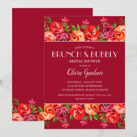 ブロンチとバブルリーの水彩花のブライズシャワー 招待状 (正面/裏面)