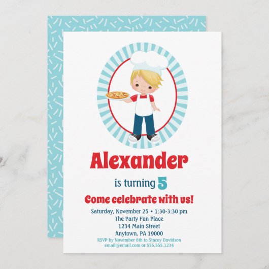 ブロンデピザパーティーボーイズ誕生日招待状 招待状 (正面/裏面)