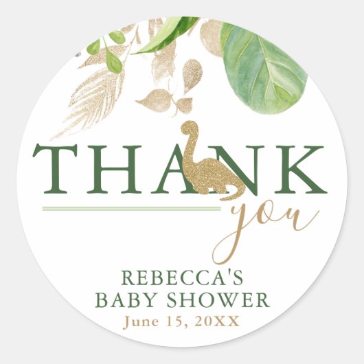 ブロントサウルス恐竜の緑と金ゴールド赤ちゃんシャワー ラウンドシール (正面)