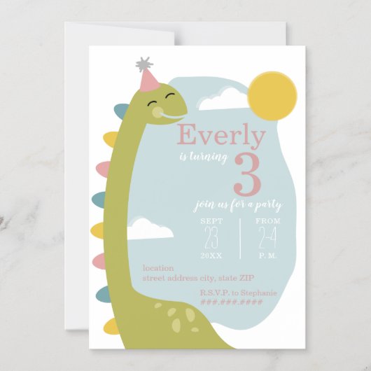 ブロントサウルス恐竜ピンク誕生日 マグネット招待状 (正面)