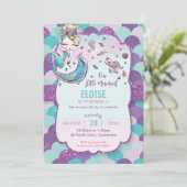 ブロンドお洒落マーメイド誕生日パーティーパープル 招待状 (スタンド正面)