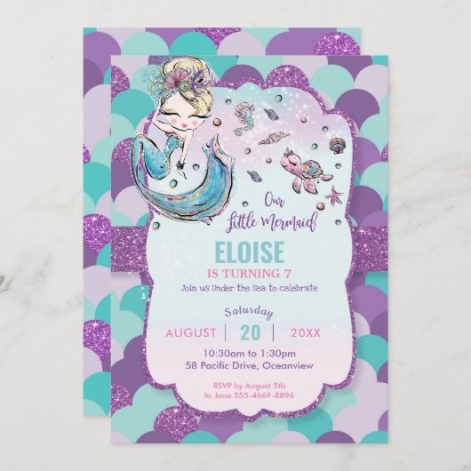 ブロンドお洒落マーメイド誕生日パーティーパープル 招待状 (正面/裏面)