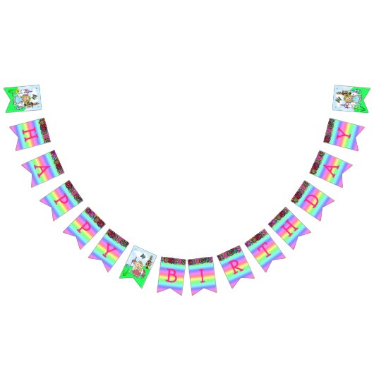 ブロンドかわいらしプリンセスとユニコーン誕生日バナー バンティングフラッグ (全)