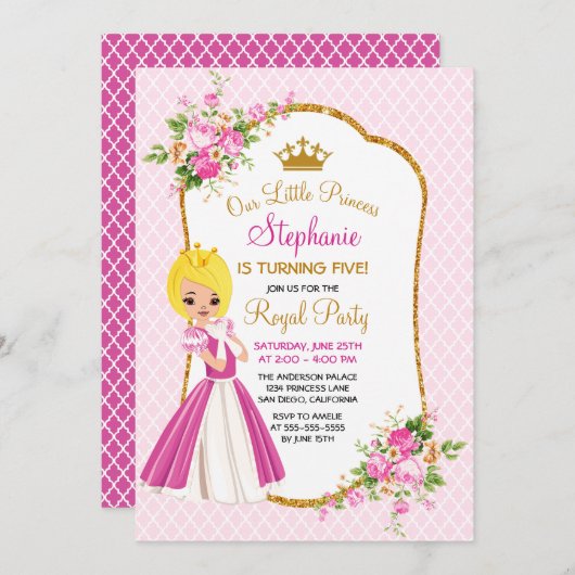 ブロンドかわいらしプリンセス誕生日パーティーへの招待 招待状 (正面/裏面)