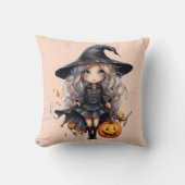 ブロンドかわいらしヘアオレンジのハロウィーンを持つ魔女 クッション (正面)