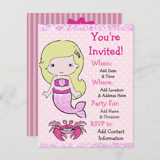 ブロンドかわいらしマーメイドバースデーパーティ招待状 招待状 (正面/裏面)