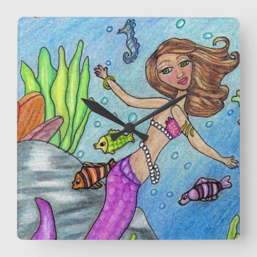 ブロンドかわいらしマーメイド真珠の海のピンクの尾 スクエア壁時計 (正面)