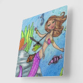 ブロンドかわいらしマーメイド真珠の海のピンクの尾 スクエア壁時計 (傾斜)