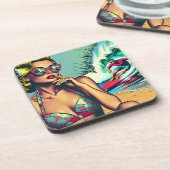 ブロンドかわいらしレトロ女性とサーファーガイ コースター (左側)