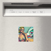 ブロンドかわいらしレトロ女性とサーファーガイ マグネット (インサイチュ (食洗機))