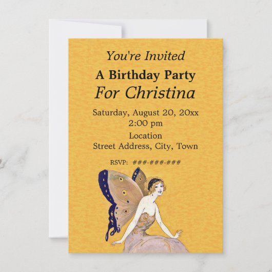 ブロンドかわいらし誕生日フェアリー蝶ウィングイエロー 招待状 (正面)