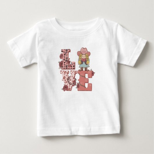 ブロンドのカウガールが描かれた、ヴィンテージカントリー風「ラブ」 ベビーTシャツ (正面)