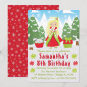 ブロンドのクリスマスプリンセス冬の風景誕生日 招待状 (正面/裏面)