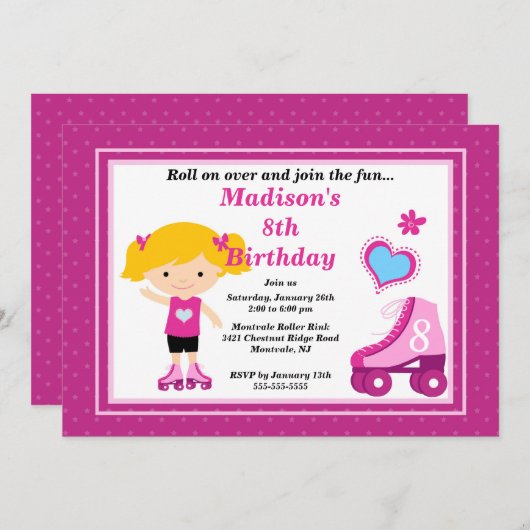 ブロンドのスケート選手の女の子のスケートで滑るの誕生会 招待状 (正面/裏面)
