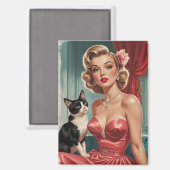 ブロンドのピンアップピンクの黒猫のドレス マグネット (正面/裏面)