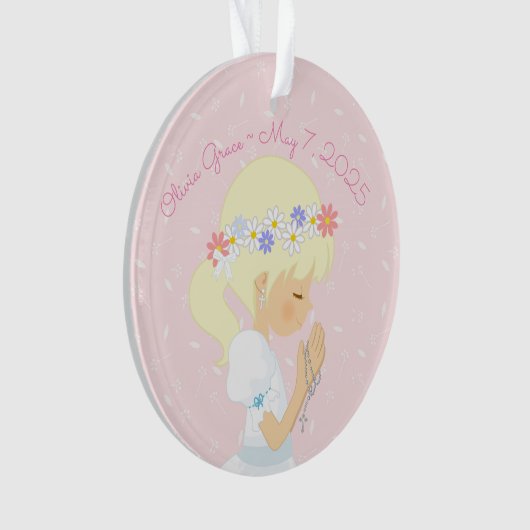 ブロンドの女の子の数珠のビーズの最初聖餐 オーナメント (正面)