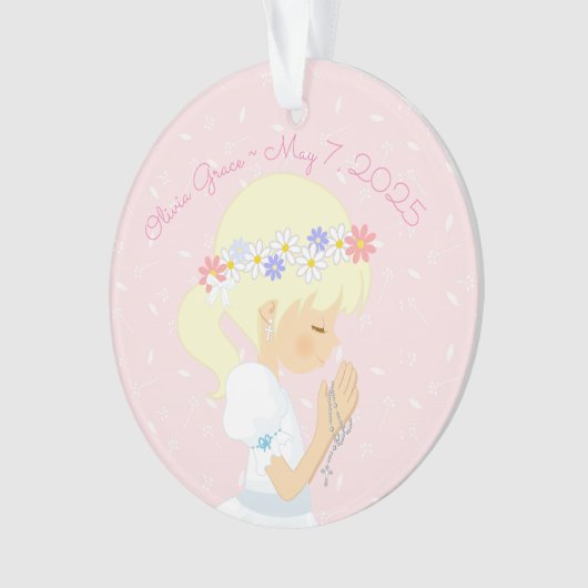 ブロンドの女の子の数珠のビーズの最初聖餐 オーナメント (正面)