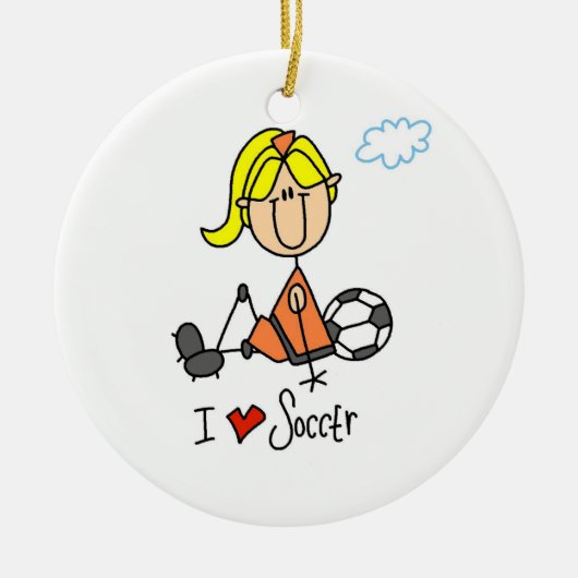 ブロンドの女の子の棒の姿I愛サッカーのギフト セラミックオーナメント (正面)