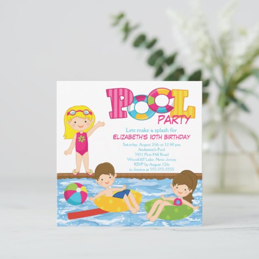 ブロンドの女の子の誕生日の夏のプールのパーティの招待状 招待状 (スタンド正面)