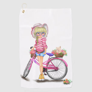 ブロンドの女の子ゴルフタオルとピンクバイク ゴルフタオル