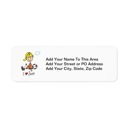 ブロンドの女の子スティックフィギュア私はサッカーのギフトが大好き ラベル (正面)