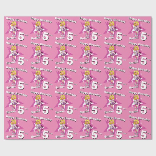 ブロンドの女の子ピンクパーソナライズされたク5th誕生日ラップ ラッピングペーパー (フラット)