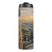 ブロンドの女の子、歩くの山の夕日と犬 タンブラー (正面)