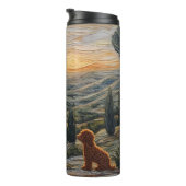 ブロンドの女の子、歩くの山の夕日と犬 タンブラー (回転右)