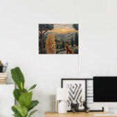 ブロンドの女の子,犬,歩く,夕日,山 ポスター (ホームオフィス)